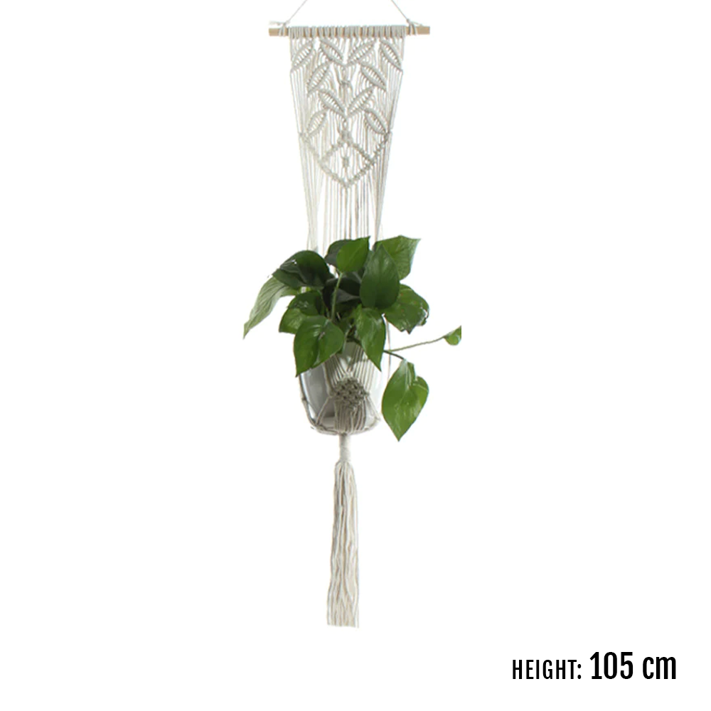 Hanging plant sling crafted from durable and weather-resistant rope.