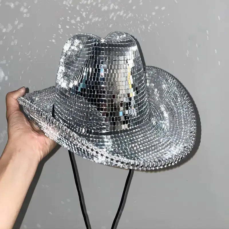 Disco ball cowboy hat, a fun and flashy accessory for parties and events.