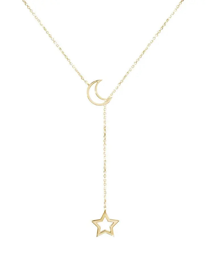 Gold Celestial-themed short chain necklace with moon and star charms, adding a whimsical touch to your outfit.