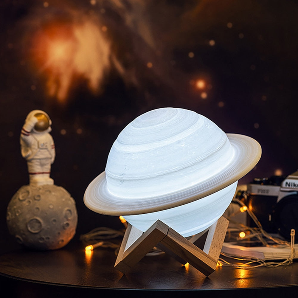 Lamp light in the shape of Saturn, creating a soft and ambient glow.