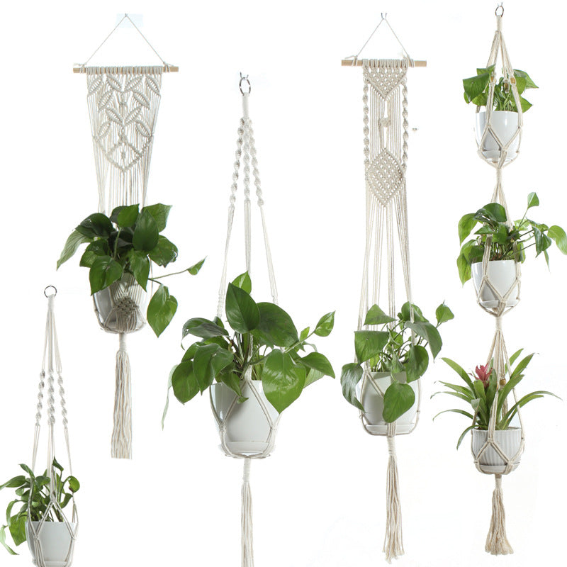 Hanging basket sling for indoor plants, made of durable and eco-friendly rope.