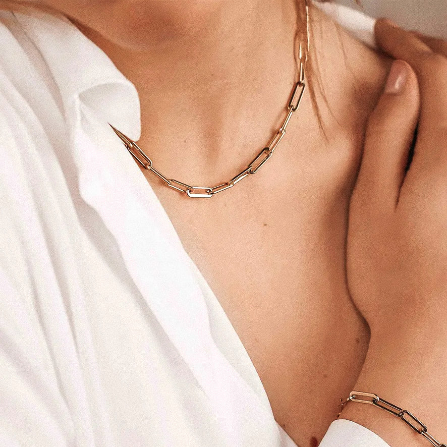 Gold paperclip stainless steel necklace, a sleek and modern accessory.