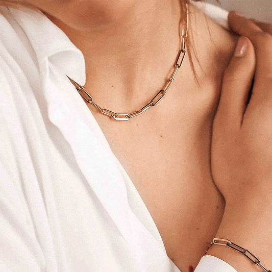 Gold paperclip stainless steel necklace, a sleek and modern accessory.