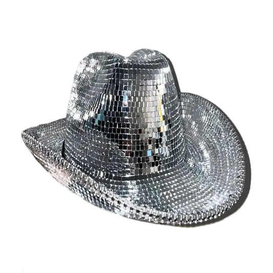 Disco ball cowboy hat, a fun and flashy accessory for parties and events.