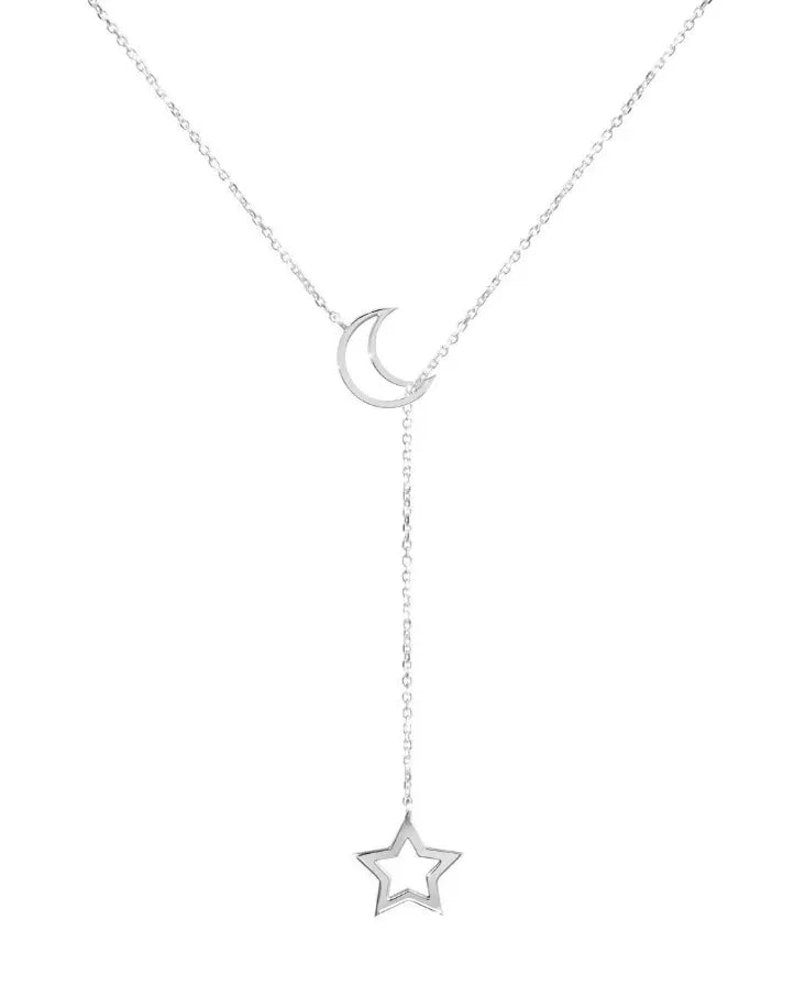 Silver Short chain necklace featuring a moon and star design, perfect for everyday wear.