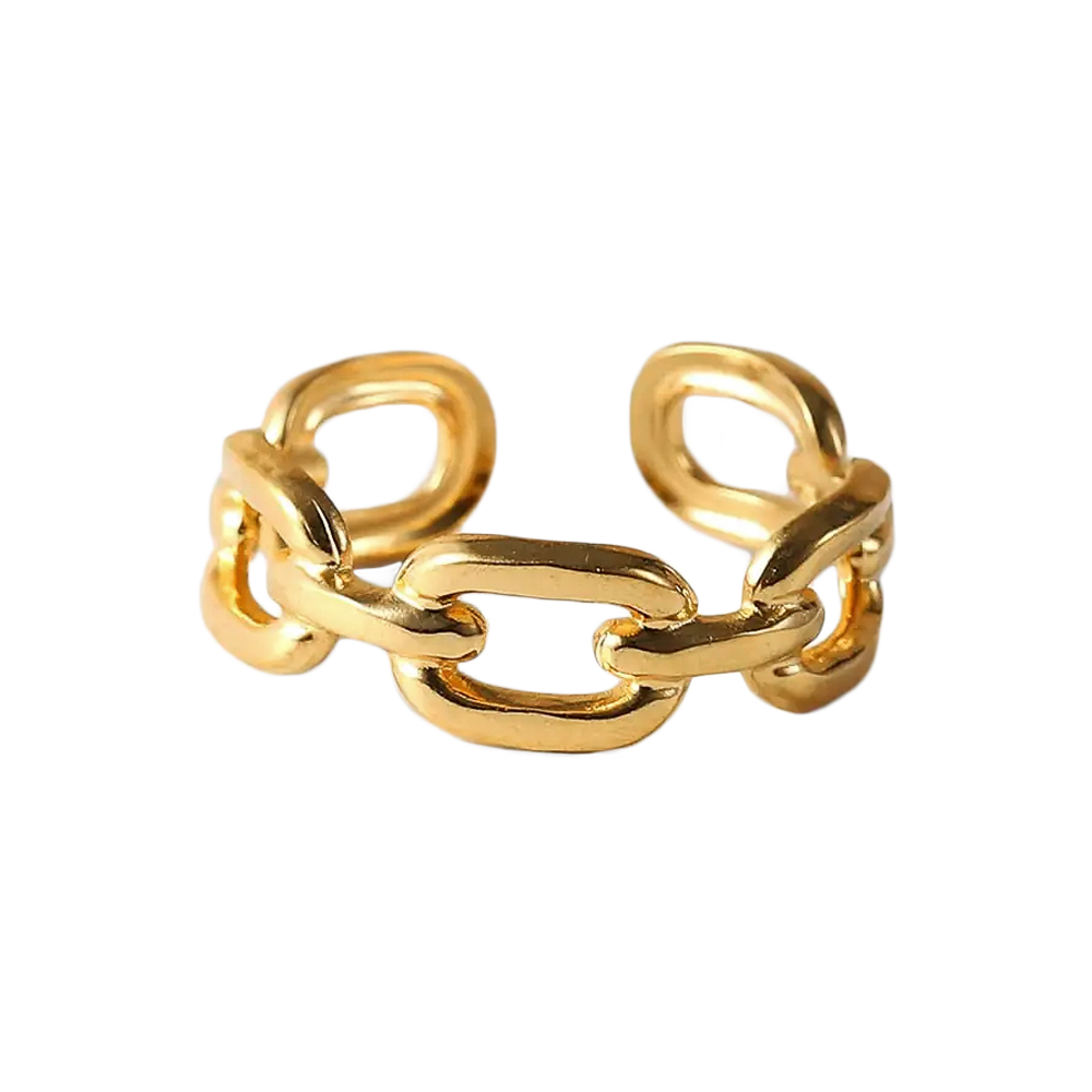 Link chain ring made with stainless steel and 18k gold plating, a stylish and durable accessory.