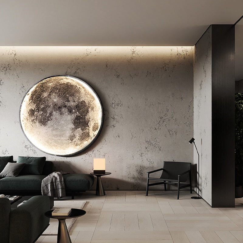 Wall-mounted LED light in the shape of a moon, creating a calming ambiance.